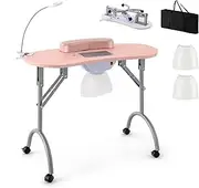 Costway Folding Manicure Nail Table with Electric Dust Collector, Portable Nail Table with Bendable LED Table Lamp, Removable Wrist Pad, Carrying Bag, 4 Lockable Wheels, Spa Salon Workstation