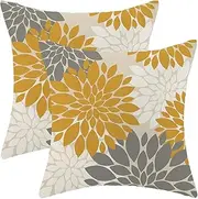 CXMEIFLY Mustard Yellow Grey Pillow Covers 16x16 Inch Set of 2 White Dahlia Floral Decor Throw Pillows Summer Modern Geometry Flower Outdoor Decorative Cushion Cases for Sofa Couch Bed Decorations