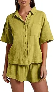 [RISCUYY] Women's Two Piece Summer Set Short Sleeved Button Shirt and Short Pants Casual Loose Summer Matching Sets