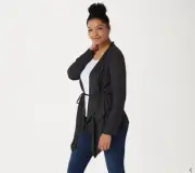 LOGO by Lori Goldstein Jacquard Cardigan with Tie Waist, Black, L
