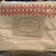 NEW-Grandinroad-King 400TC-Flat Sheet-WESTGATE-Embroidered-White/Salmon-Quality-