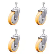 5 Inch SS Yellow Polyurethane Wheel Swivel 3/8 Inch Threaded Stem Caster Set SCC