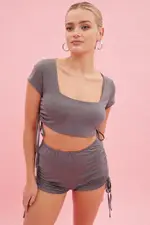 Grey Crop Top Ruched Loungewear Set - Size S, Women's Lg Set
