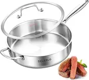 [DELARLO] Tri-Ply Stainless Steel 7QT Jumbo Cooker Saute Pan With Lid, 12.5 Inch Deep Frying Pan, Induction Large Skillet, Cooker Pan for Chefs, Dishwasher & Oven Safe