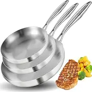 LOLYKITCH 8-10-12 Inch Tri-Ply Stainless Steel Frying Pan Set of 3,Chef's Pans,Skillets,Induction Cookware,Pots and Pans Set,Dishwasher and Oven Safe.