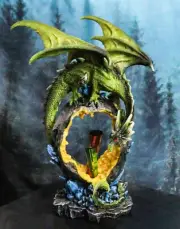 Green Dragon Guarding Faux Geode Crystal Arch Rock With Rainbow Icicle Figurine