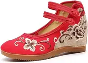 GHAKKE Exquisite Flower Embroidered Wedge Heel Canvas Shoes for Women Retro Traditional Chinese Ancient Style Ankle Strap Shoes Stage Performance Oriental Shoes(Red,6)