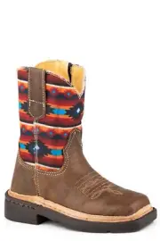 New! Youth Childs Roper AZTEC DESIGN LEATHER COWBOY BOOTS w/ Square toe 8 SIZES!