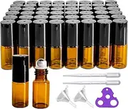 50 PCS 3ml Amber Glass Roller Bottle,Essential Oil Sample Vials with Stainless Steel Roller Ball,Black Caps,for Travel Perfume Cosmetics Small Container(2 Funnels, 2 Dropper, 1 Opener) (3ml)