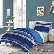 dream FACTORY Kids 5-Piece Complete Bed Set Easy-Wash Super Soft Microfiber Comforter Bedding, Twin, Blue Rugby Stripe, (2D872701BL)
