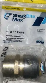 * * SharkBite MAX 1” x 1” FNPT Female Adapter, Push-to-Connect, UR094A (110325)