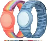 2 Pack AirTag Bracelet for Kids, Apple Air Tag Protective Cover with Nylon Wristband, Anti Lost GPS Trackers Case Cover Elastic Watch Band for Toddlers Girls Boys Elders (Rainbow,Blue)