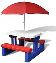 2-in-1 Kids Picnic Table & Bench Set with Umbrella - Red, Blue & White - Durable PP & Steel Construction, Easy-to-Clean Outdoor Table with Shade