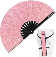 Raveahem Glitter Large Rave Folding Clack Hand Fan with Holster for Men/Women Handheld Fan for EDM,Festival,Club,Party,Dance (Pink)