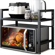 [Cozioz] Expandable Microwave Oven Rack – Adjustable Countertop Shelf for Kitchen Utensils and Tableware Storage, Carbon Steel Over-Microwave Organizer with 6 Hooks