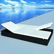 Double Sun Lounger with Cushion Poly Rattan Black Garden Beds
