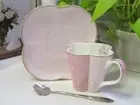 NEW - Simple 4 Leaf Straw Coffee/Tea cup & Saucer and Spoon - Pink