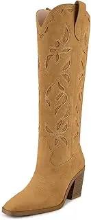 [ISNOM] Knee High Cowboy Cowgirl Boots for Women, Western Boots with Pull On Tab, Chunky Heel Design, Unique and Stylish