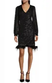 LDT Kyla Small Feather Trim V-Neck Long Sleeve Sequin Dress Size 4 NWT $189