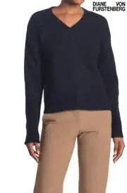 DIANE VON FURSTENBERG NWT $498 CARMELLA V-NECK ALPACA/MERINO WOOL NAVY SWEATER.S