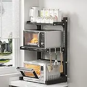 ABCOOL Retractable Adjustable 2 Axial Kitchen Baker Microwave Oven Rack, 2 Tier Expandable and Height Adjustable Carbon Steel Shelf Counter Countertop with 3 Clip Hooks, Electric Oven Holder