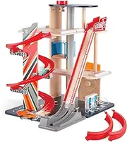 Hape Gearhead Stunt Garage Playset | 3-Level Wooden Parking Garage with Spiral Ramp, Loop Track & Elevator | Toy Cars Included | Fun Racing & Stunt Play for Kids | Ages 3+