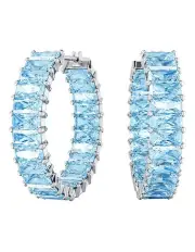 [Swarovski] Matrix Hoop Earrings Baguette Cut Rhodium Plated in Blue