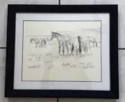 E. J Sotelo Framed Matted Horses 13x10 Pen&Ink Sketch Drawing 15.5”x18.5” Frame