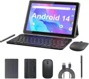 Tablet 10 Inch Android 14 Tableta, 2 in 1 Tablets with Keyboard Mouse Silver