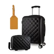 Pierre Cardin CABIN Hard Shell with Mini Beauty Case Set Leather Tag - Black