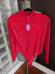 Sexy Sequin 2 Red Mesh Women's Long Sleeve Mesh Leotards