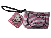 NEW Hello Kitty Pink White Stripe Sequin Coin Purse Makeup Bag Pouch Wrist Strap