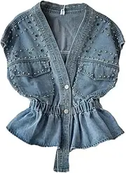 [Bciopll] Women Fashion Beading Denim Vest High-End Waist Short Jean Sleeveless Jacket Waistcoat