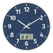 Digital Wall Clock with Time, Day of Week and Temperature, Silent Non-Ticking Battery Operated Round Digital Wall Clock Blue