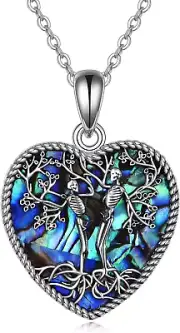 Skeleton Tree of Life Heart Skull Necklace 925 Sterling Silver Abalone Pendant