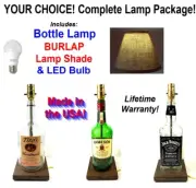 YOUR CHOICE of Liquor Bar Bottle Table LAMP with BURLAP Shade & LED Light Bulb