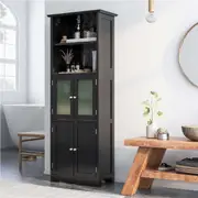 Costway 163CM Bathroom Tall Storage Cabinet 4-Door Shelf Cupboard Pantry Cupboard w/Tempered Glass Black