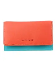 [PIERRE CARDIN] Leather Tri-Fold Wallet in Orange-Turquoise