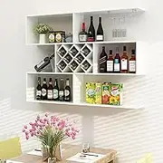 Wooden Wall Mounted Bottle Rack with Wine Glass Holder Multifunctional Wine Storage Display Shelf for Liquor Large Bar Cabinet Living Room Kitchen Restaurant Simple Storage