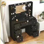 Black Dressing Table With Makeup Mirror & LED Lights Makeup Vanity Desk Dresser