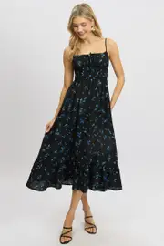 Black Floral Midi Dress Tiered Strappy - Size 12M, Women's Midi Dress