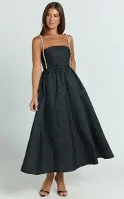 Alvia Midi Dress - Diamante Strap Ruched Straight Neck Dress in Black
