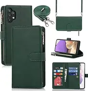 Cavor for Samsung Galaxy A32 5G Case 6.5 inch PU Leather Folio Flip Wallet Back Cover Magnetic Case with Long Shoulder Lanyard Zipper Coin Purse 9 Card Holder Kickstand Wristlet Strap-Green