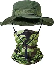 [TUONYIS] 2 Pieces Sunscreen Hat Set,Wide Brim Sun Hats Protection Scarf,Camo Bucket Boonie Safari Hat, Foldable Safari Style,for Men Women Hiking Beach Jungle Outdoor(ArmyGreen)