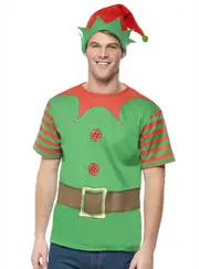 Christmas Elf Mens Costume Shirt And Hat Set