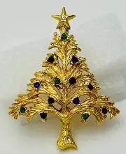 Signed Lia Lianna Vintage 1990s Gold Plated Enamel Crystal Christmas Pin Brooch