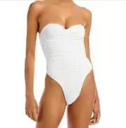 Norma Kamali Marissa Slinky Ruched Strapless One Piece Swimsuit White M 2332