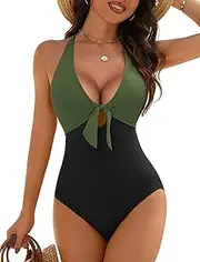 [AI'MAGE] Women's One Piece Swimsuits Halter Bathing Suits Knot Front Push Up Swim Suits Tummy Control Swimwear S-XXL