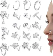 [Milacolato] 20Pcs 20G Nose Rings Set L Shaped Nose Stud Piercing Jewellery for Women Hypoallergenic Stainless Steel Nose Stud Screws with Cubic Zirconia