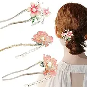 3 PCS Pearl Chinese Flower Hair Sticks Vintage Tassel Hair Pins Metal Chinese Hair Chopsticks for Women Girls Long Hair (Classic Style)